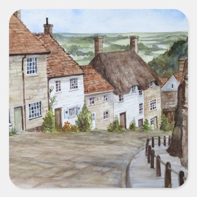Gold Hill, Shaftesbury, Dorset Watercolor Painting Square Sticker (Front)