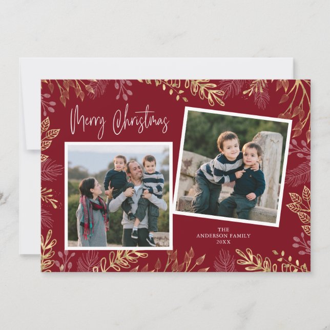 Gold Holiday Botanicals on Red 2 Photo Christmas Card (Front)