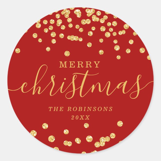 Gold Holiday Christmas Glitter Confetti Red Classic Round Sticker (Front)