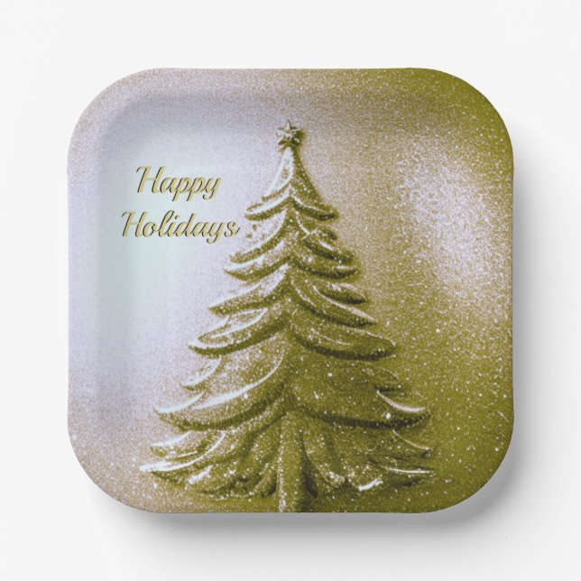 Gold Holiday Christmas Tree Paper Plate (Front)