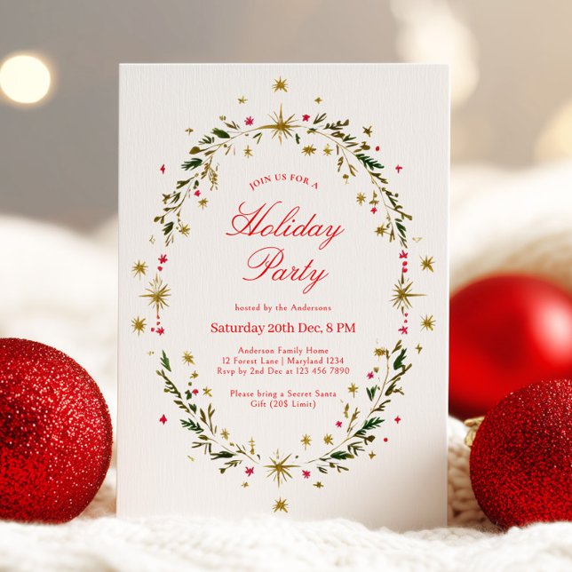 Gold Holiday Party Festive Christmas Wreath  Invitation (Creator Uploaded)
