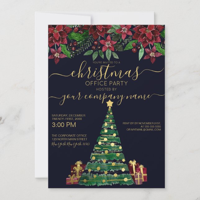 Gold Holiday Tree Gifts Floral Corporate Christmas Invitation (Front)