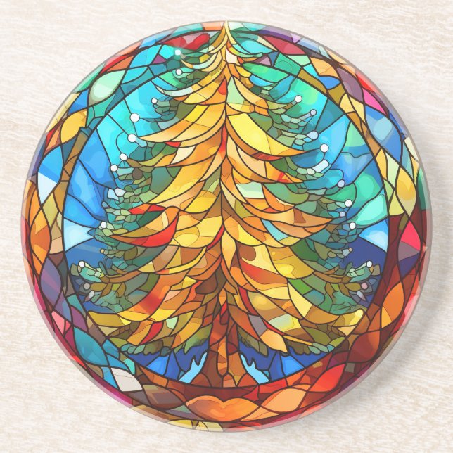 Gold Holiday Tree Stained Glass Christmas Coaster (Front)