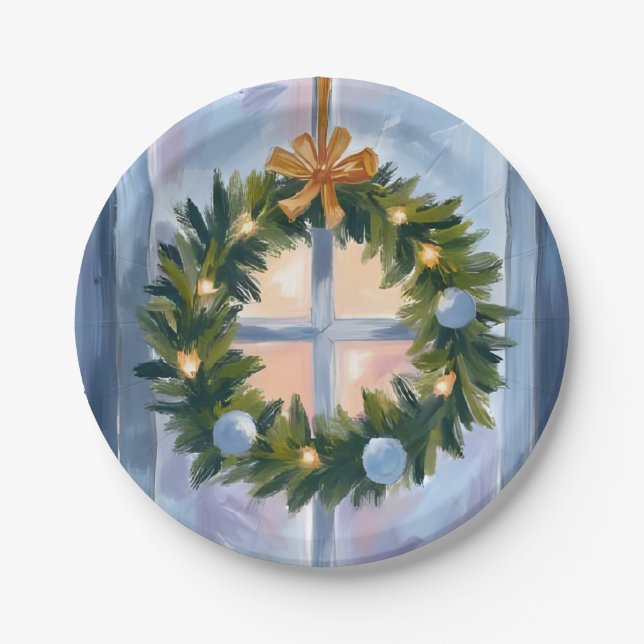 Gold Holiday Wreath Watercolor Holiday Painting Paper Plate (Front)