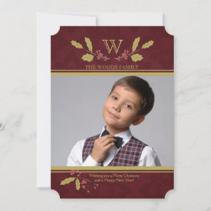 Gold Holly Accents Photo Holiday Card