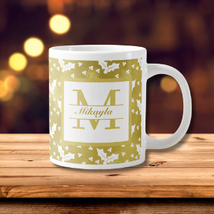 Gold Holly Botanical Monogram Christmas Large Coffee Mug