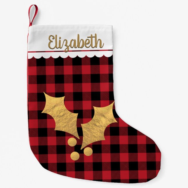 Gold Holly Buffalo Check Personalised Small Christmas Stocking (Front)