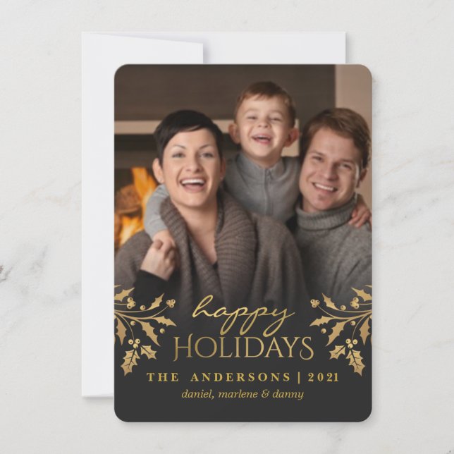 Gold Holly Happy Holiday Photo Flat Card (Front)