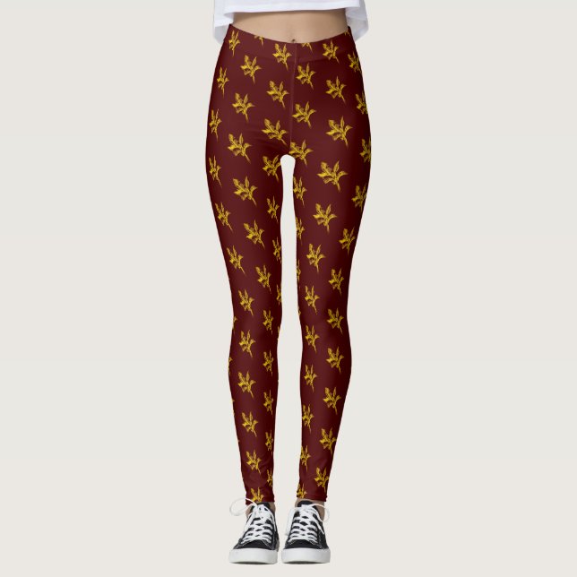 Gold Holly Leaves and Berries Leggings (Front)