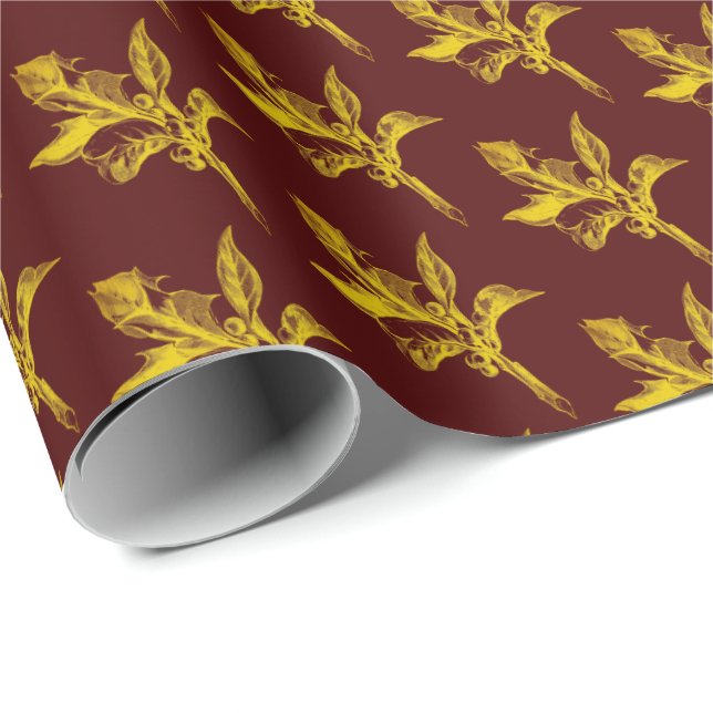 Gold Holly Leaves and Berries on Burgundy Wrapping Paper (Roll Corner)