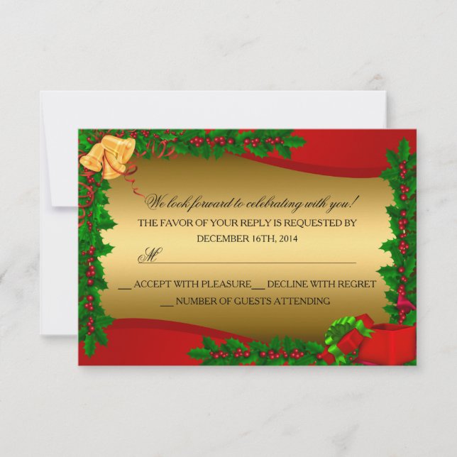 Gold Holly Leaves Bell Christmas Holiday RSVP (Front)