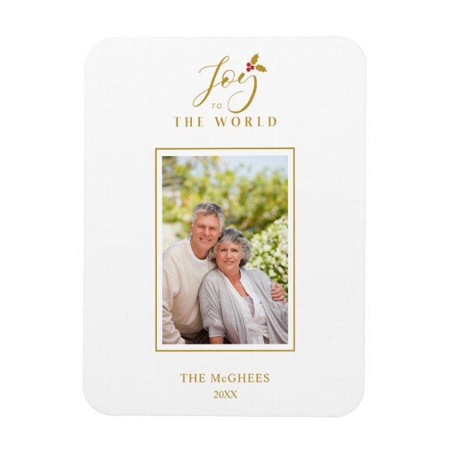 Gold Holly Minimalist Chic Christmas Photo Family Magnet (Vertical)