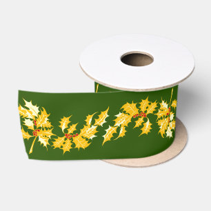 Gold Holly on Green Satin Ribbon