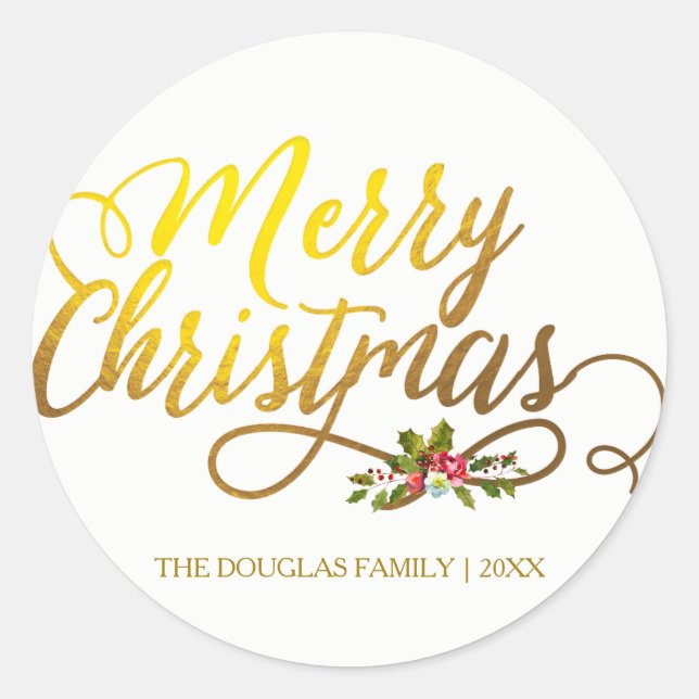 Gold & Holly Red Floral Merry Christmas Holiday Classic Round Sticker (Front)