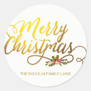Gold & Holly Red Floral Merry Christmas Holiday Classic Round Sticker