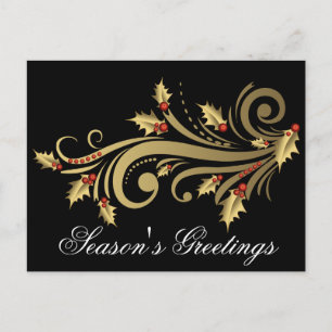 Gold Holly & Scroll Customisable Holiday Postcard
