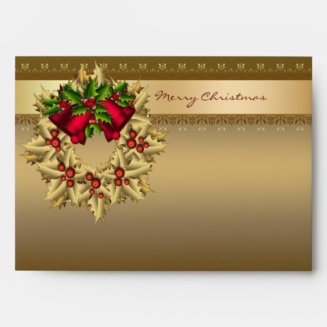 Gold Holly Wreath Gold Christmas Envelopes (Front)