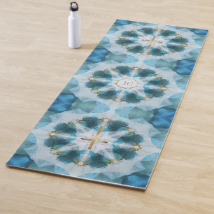Gold Holy Cross Spotlight, Pretty Blue Watercolor Yoga Mat