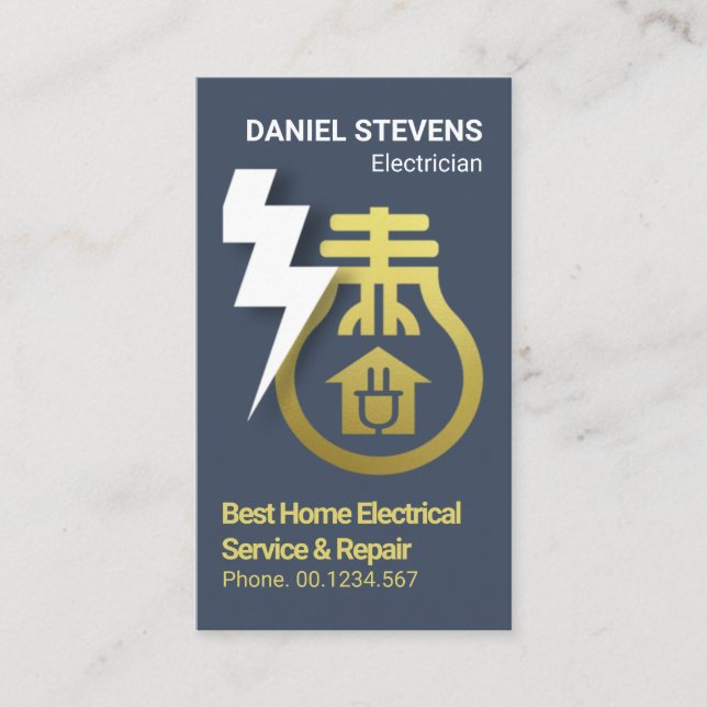 Gold Home Bulb Electrical Lightning Electrician Business Card (Front)