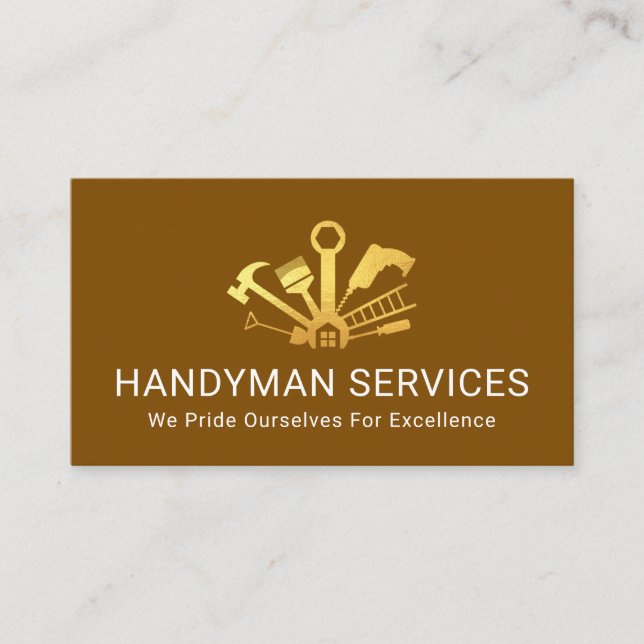 Gold Home Handyman Tools On Brown Layer Business Card (Front)
