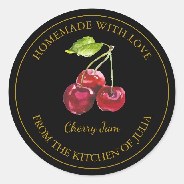 Gold Homemade Cherry Jam Label | Black (Front)