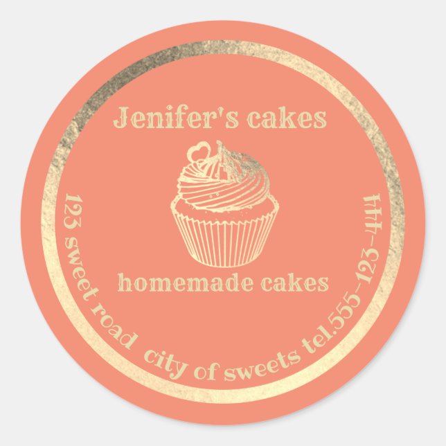 Gold Homemade cupcakes and treats packaging Classic Round Sticker (Front)
