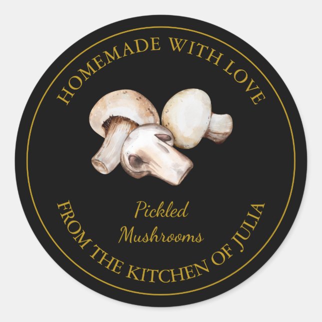 Gold Homemade Mushrooms Pickle Label | Black (Front)