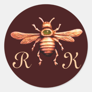 GOLD HONEY BEE / BEEKEEPER BEEKEEPING MONOGRAM CLASSIC ROUND STICKER