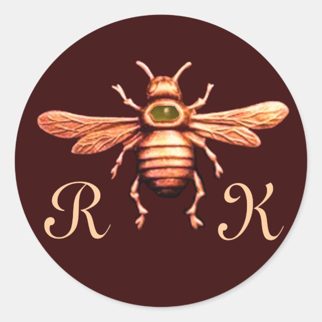 GOLD HONEY BEE / BEEKEEPER BEEKEEPING MONOGRAM CLASSIC ROUND STICKER (Front)