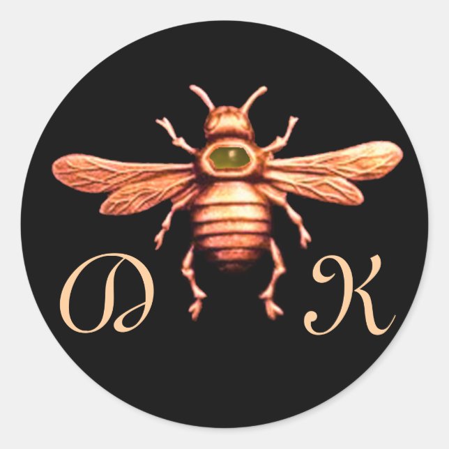 GOLD HONEY BEE / BEEKEEPER BEEKEEPING MONOGRAM CLASSIC ROUND STICKER (Front)