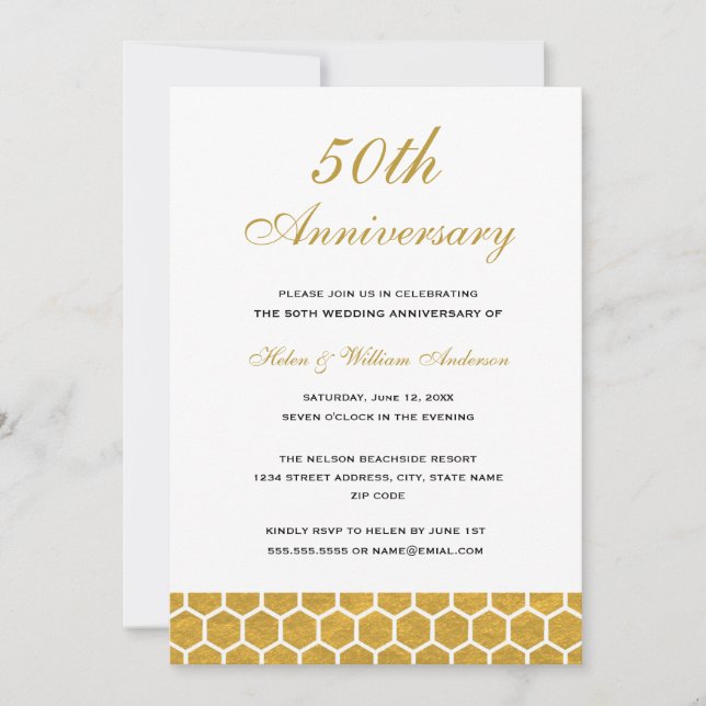 Gold Honeycomb 50th Wedding Anniversary Invite (Front)