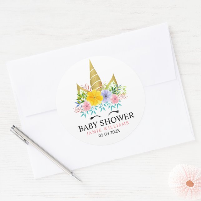 Gold horn unicorn baby shower classic round sticker (Envelope)