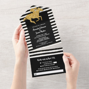 Gold Horse Black and White Stripes Wedding All In  One Invitation
