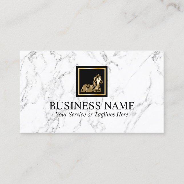 Gold Horse Equine Pony Logo Modern White Marble Business Card (Front)