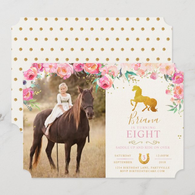 Gold Horse & Floral Photo Birthday Invitation (Front/Back)