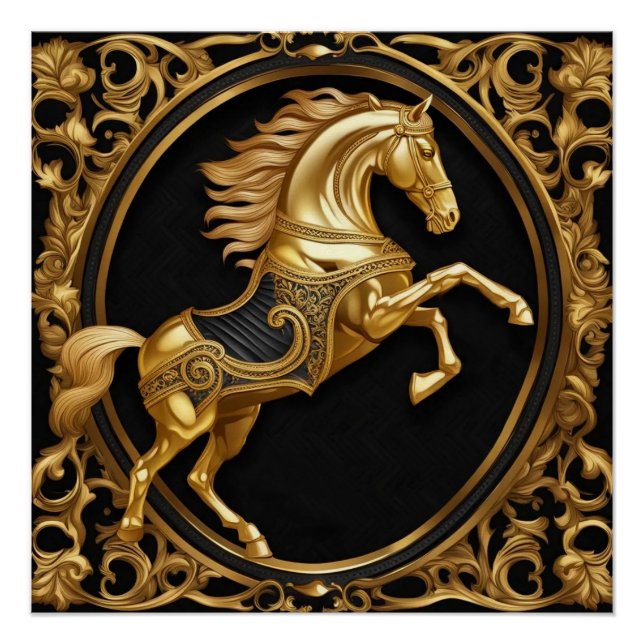 Gold horse gold and black ornamental frame poster (Front)
