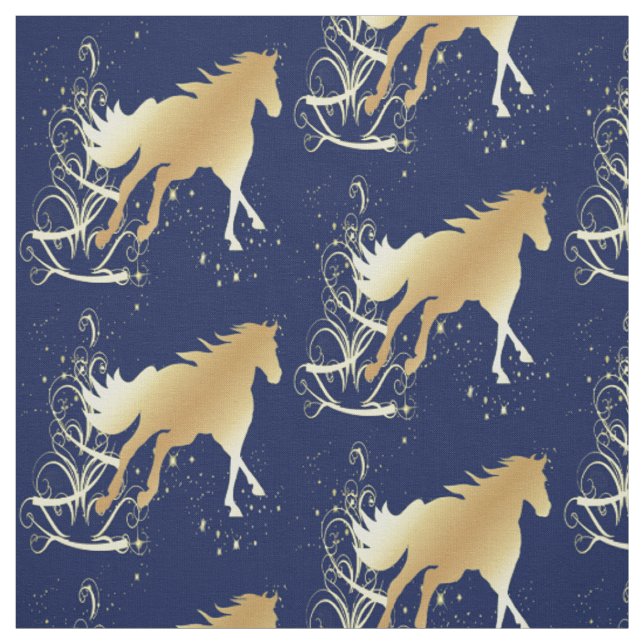 Gold Horse on Blue Holiday Fabric (Swatch)