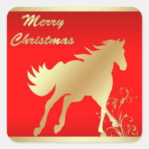 Gold Horse on Red Merry Christmas Square Sticker