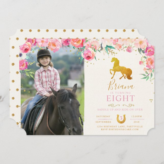 Gold Horse with Flowers Photo Birthday Invitation (Front/Back)