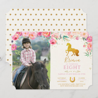 Gold Horse with Flowers Photo Birthday Invitation