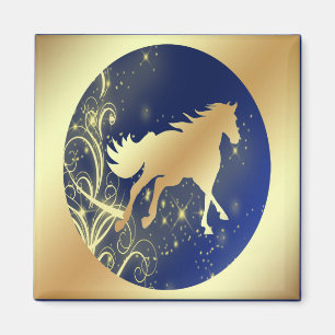 Gold Horse With Gold Accents On Blue and Gold Magnet
