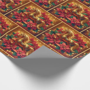 Gold Horse With Poinsettias and Lights Christmas Wrapping Paper