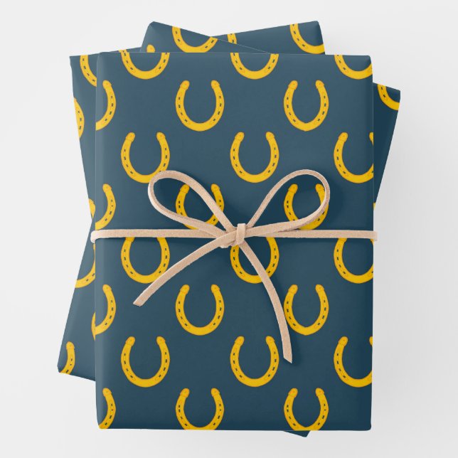 Gold Horseshoes Pattern Cowboy Good Luck Elegant Wrapping Paper Sheet (In situ)