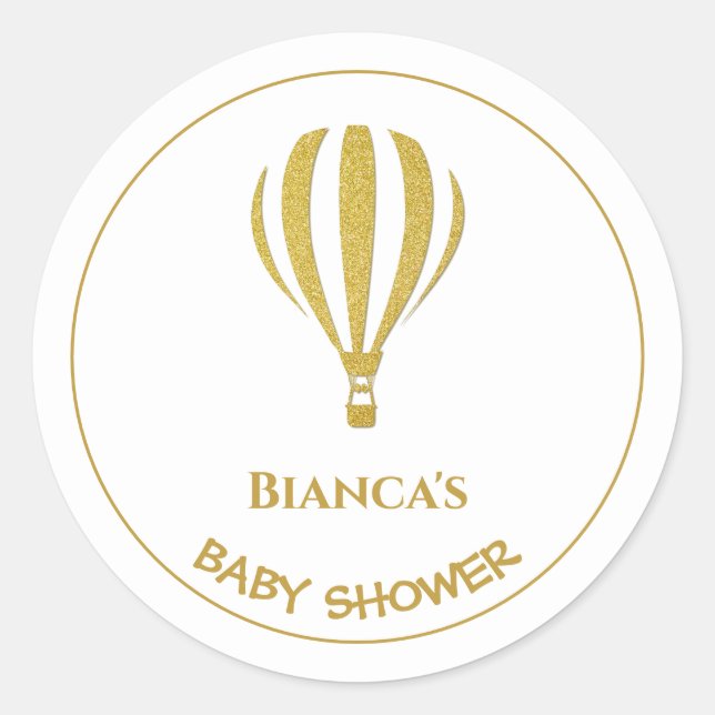 Gold Hot Air Balloon Baby Shower Classic Round Sticker (Front)