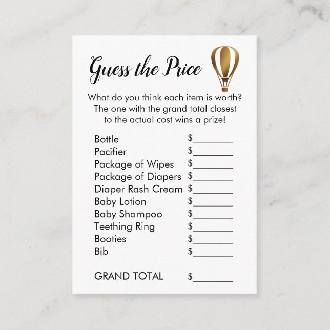 Gold Hot Air Balloon Guess the Price Game Cards (Front)