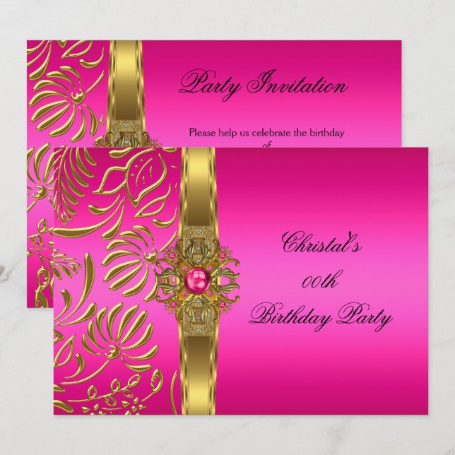 Gold Hot Pink Damask Elite Elegant Birthday Party Invitation (Front/Back)