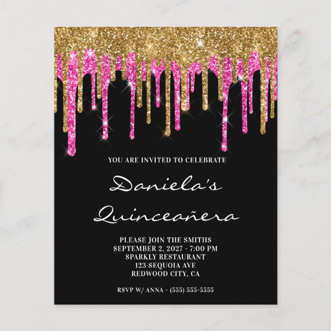 Gold Hot Pink Glitter Drip Quinceañera Invite (Front)