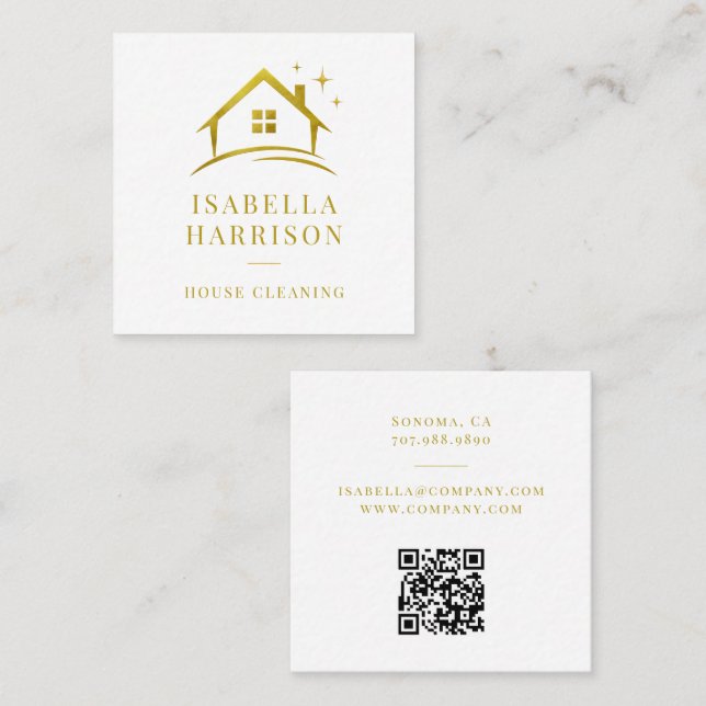 Gold House Cleaning QR Code Square Business Card (Front/Back)
