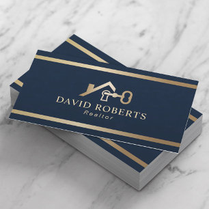 Gold House & Key Logo Real Estate Realtor Navy Business Card