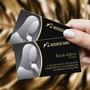 Gold House Logo Real Estate Realtor Black Photo Business Card
